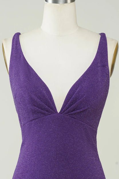Dress Stylish Deep V Neck Purple Short Homecoming Dress Sleeveless Criss Cross Back Party Dress