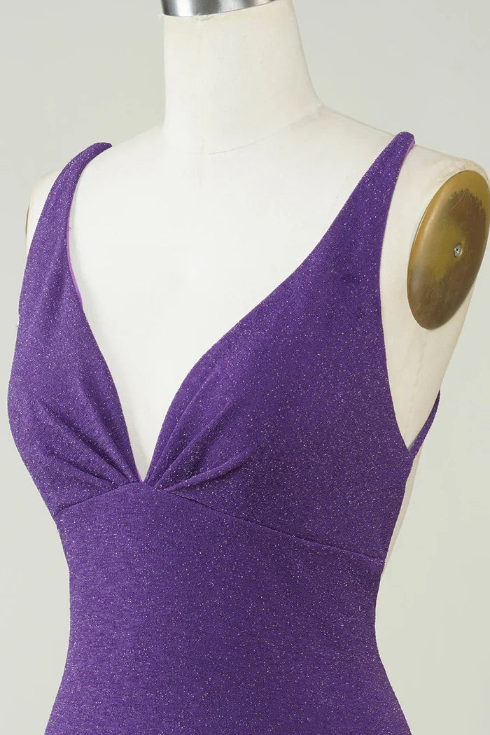 Dress Stylish Deep V Neck Purple Short Homecoming Dress Sleeveless Criss Cross Back Party Dress