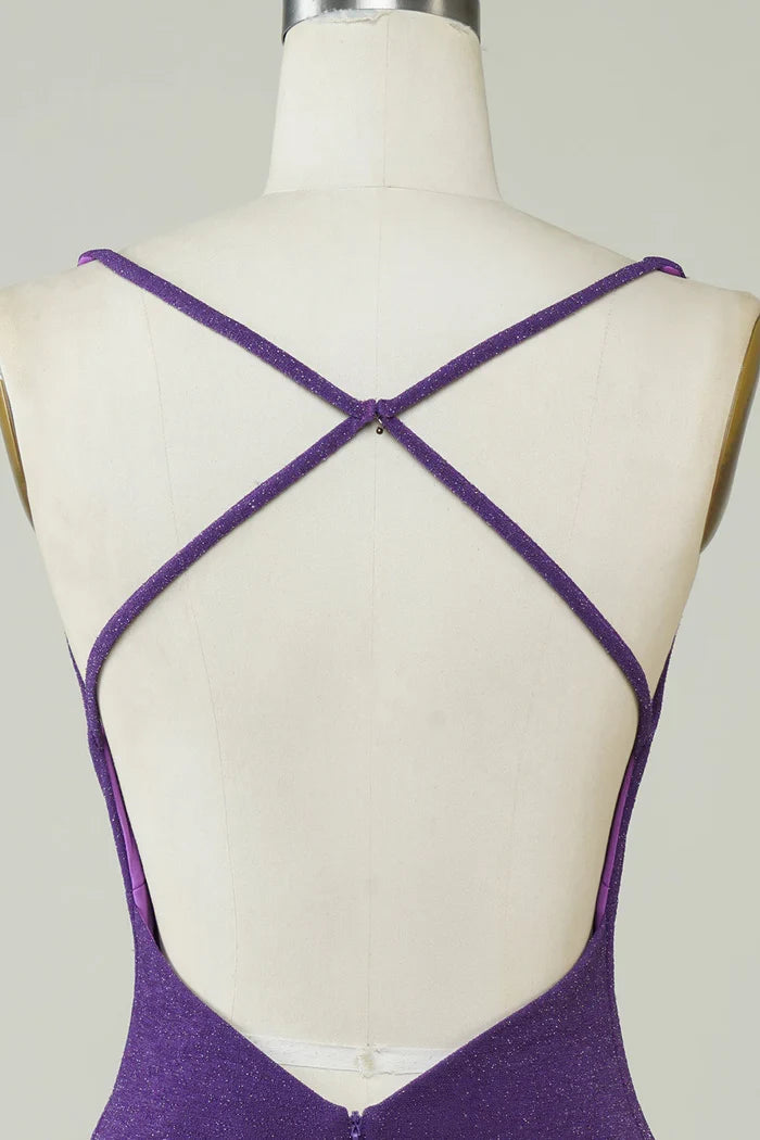 Dress Stylish Deep V Neck Purple Short Homecoming Dress Sleeveless Criss Cross Back Party Dress