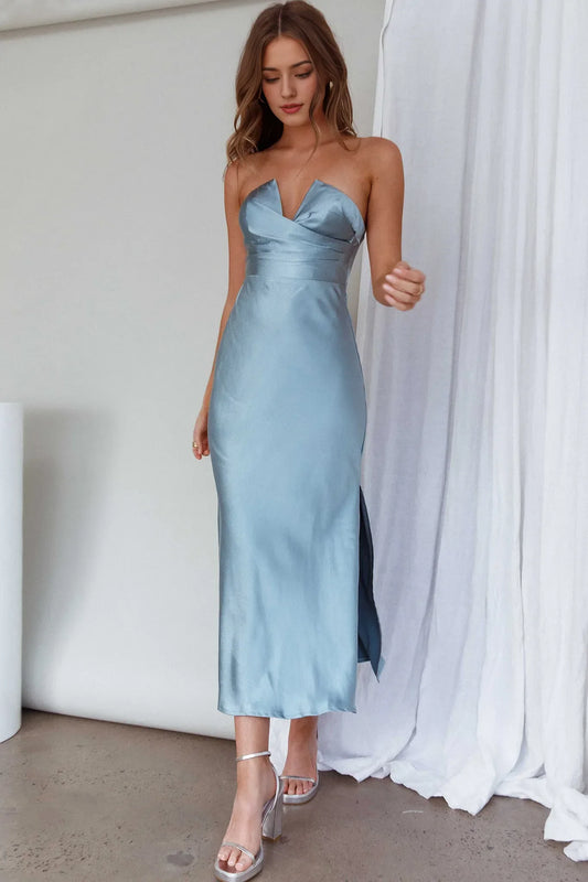 Dress Stylish Light Blue Satin Strapless Midi Dress Cross V Neck Form Fitting Cut And Side Slit Open Back Prom Dress