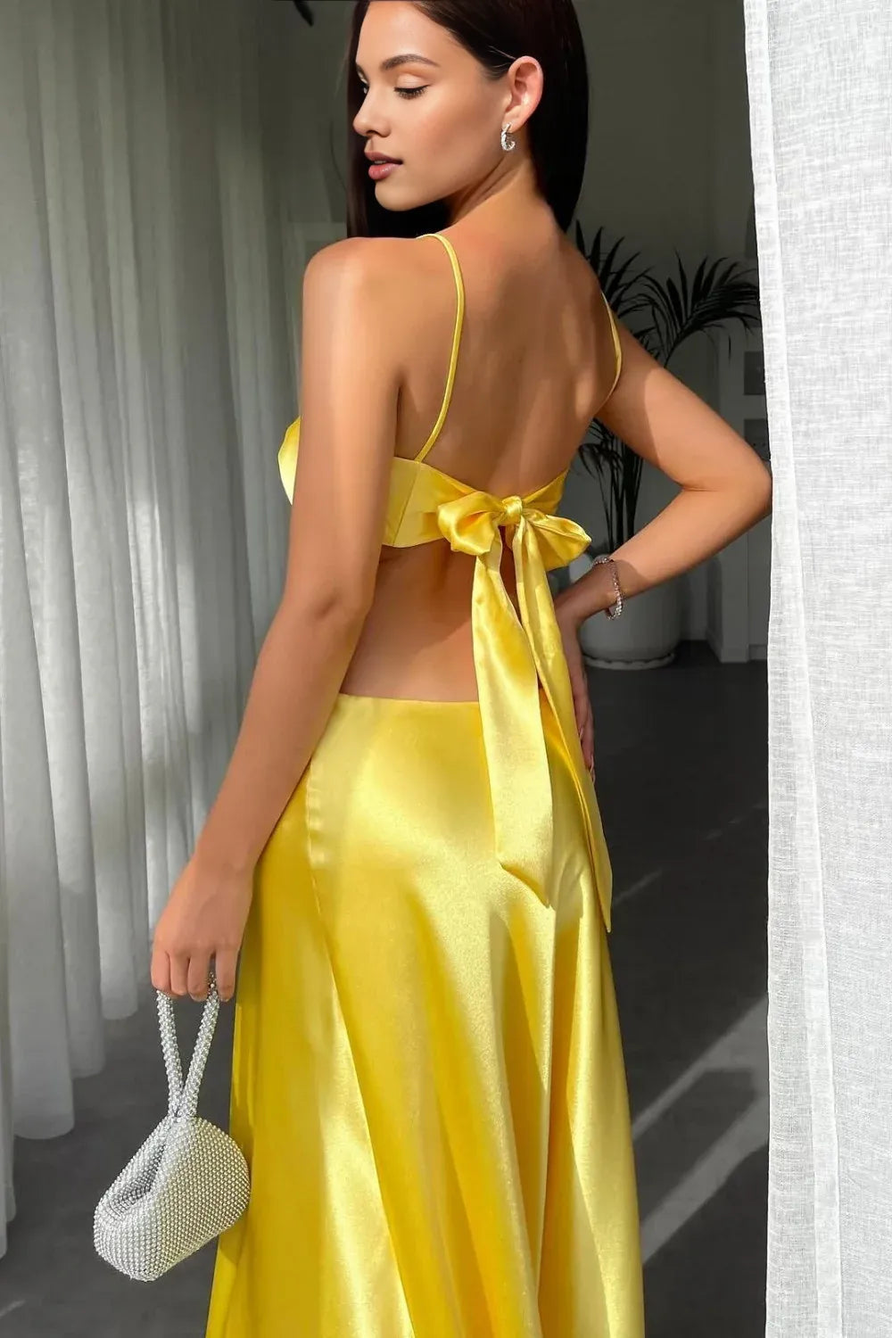 Dress Stylish Mint Green Sheath Waist Hollow Tie Back Long Satin Prom Dress