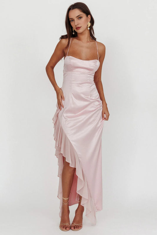 Dress Stylish Pale Pink Satin Maxi Dress Square Neck Spaghetti Strap Accent Asymmetric Ruffled Hem and Form Fitting Cut Prom Dress