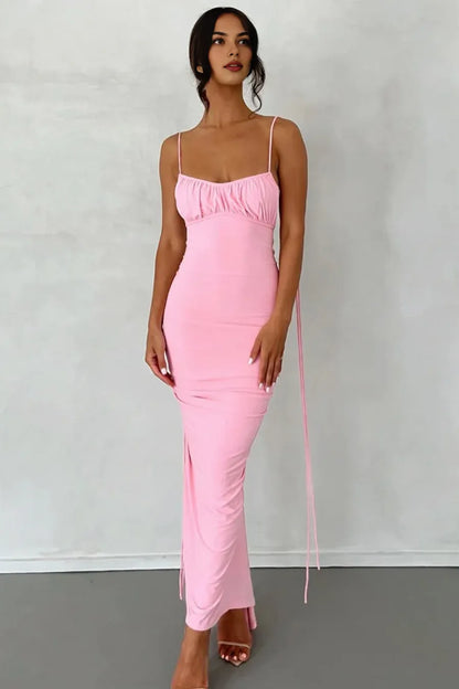 Dress Stylish Sheath Spaghetti Straps Pink Tea Length Party Dress with Backless Prom Dress