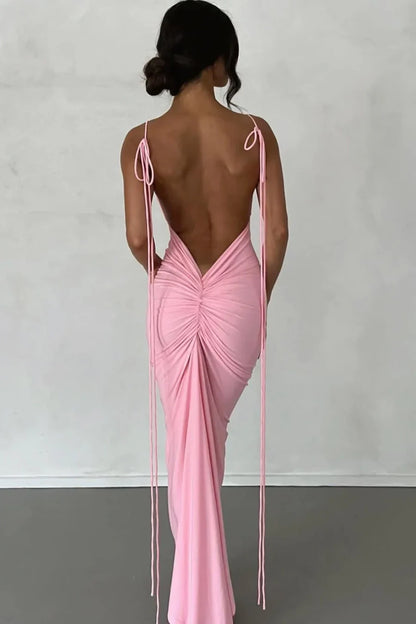 Dress Stylish Sheath Spaghetti Straps Pink Tea Length Party Dress with Backless Prom Dress