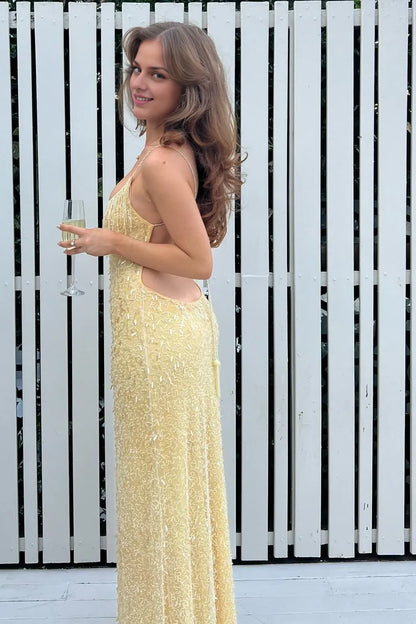 Dress Stylish Sheath Spaghetti Straps Yellow Sequins Long Party Dress Prom Dress