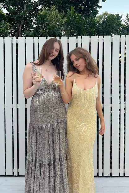 Dress Stylish Sheath Spaghetti Straps Yellow Sequins Long Party Dress Prom Dress