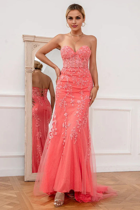 Dress Sweep/Brush Train Coral Applique Tulle Evening Dress Off the Shoulder Prom Dress