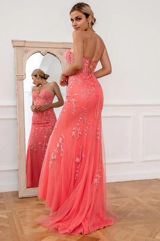 Dress Sweep/Brush Train Coral Applique Tulle Evening Dress Off the Shoulder Prom Dress