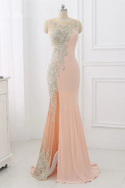 Dress Sweep&Brush Train Appliques Sleeveless Evening Dresses With Front Slit Prom Dress