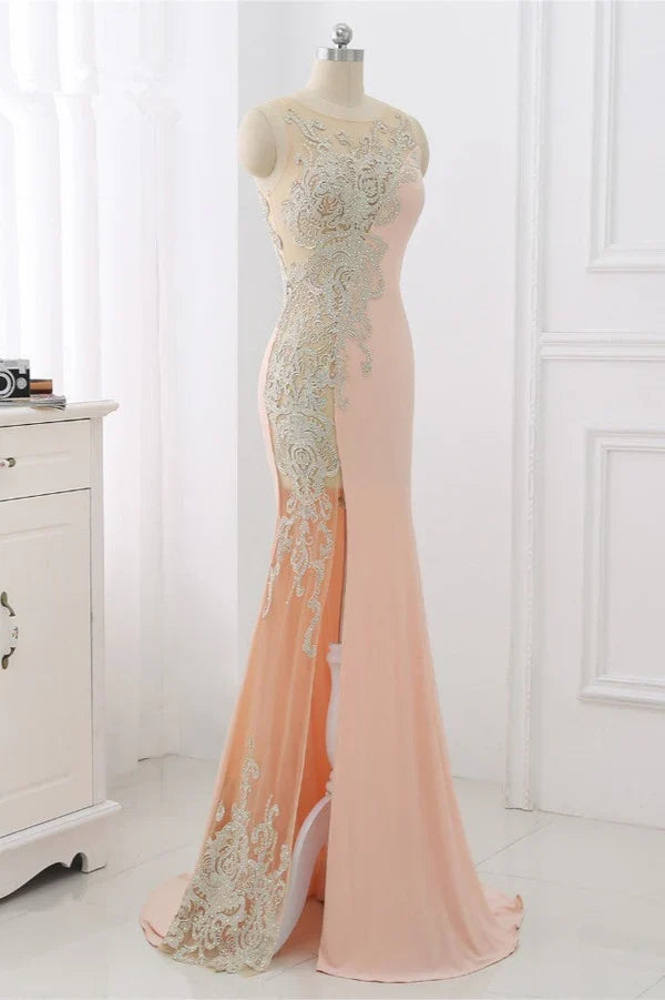 Dress Sweep&Brush Train Appliques Sleeveless Evening Dresses With Front Slit Prom Dress