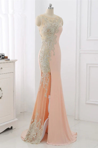 Dress Sweep&Brush Train Appliques Sleeveless Evening Dresses With Front Slit Prom Dress