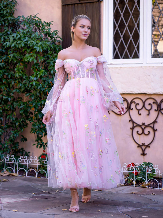 Dress Sweetheart Neck Off the Shoulder Embroidered Tulle Prom Dress