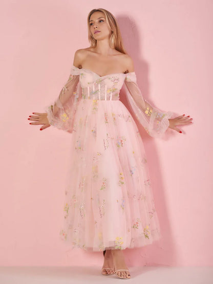 Dress Sweetheart Neck Off the Shoulder Embroidered Tulle Prom Dress