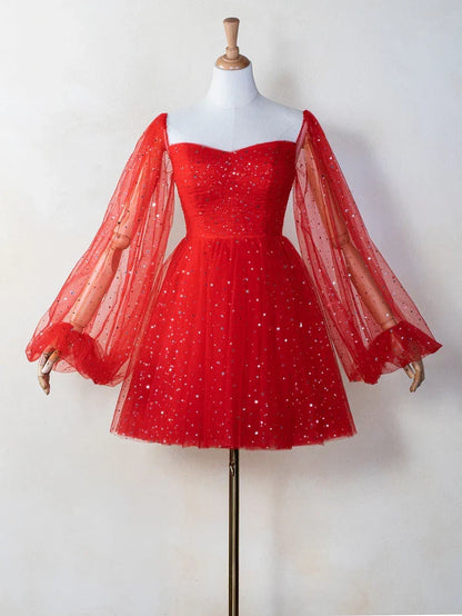 Dress Sweetheart Neck Starlit Homecoming Dress Tulle Puffy Sleeves Zipper Up Party Dress