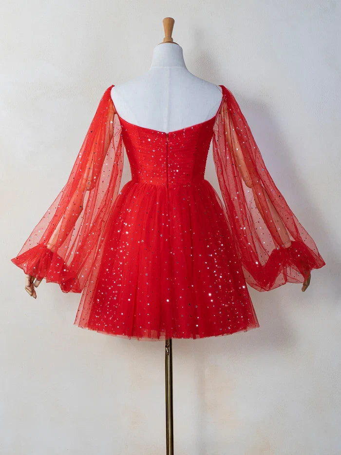 Dress Sweetheart Neck Starlit Homecoming Dress Tulle Puffy Sleeves Zipper Up Party Dress