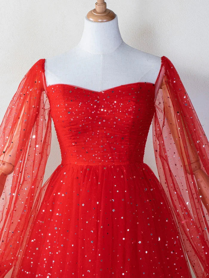 Dress Sweetheart Neck Starlit Homecoming Dress Tulle Puffy Sleeves Zipper Up Party Dress