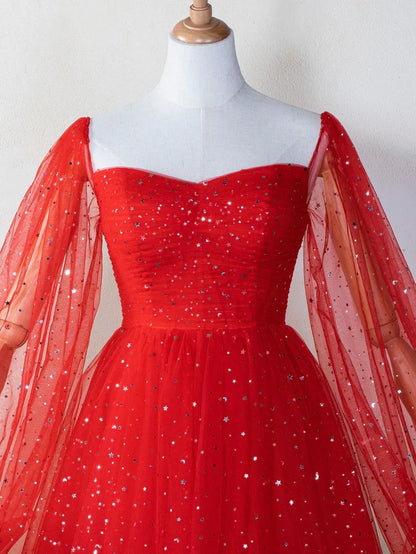 Dress Sweetheart Neck Starlit Homecoming Dress Tulle Puffy Sleeves Zipper Up Party Dress