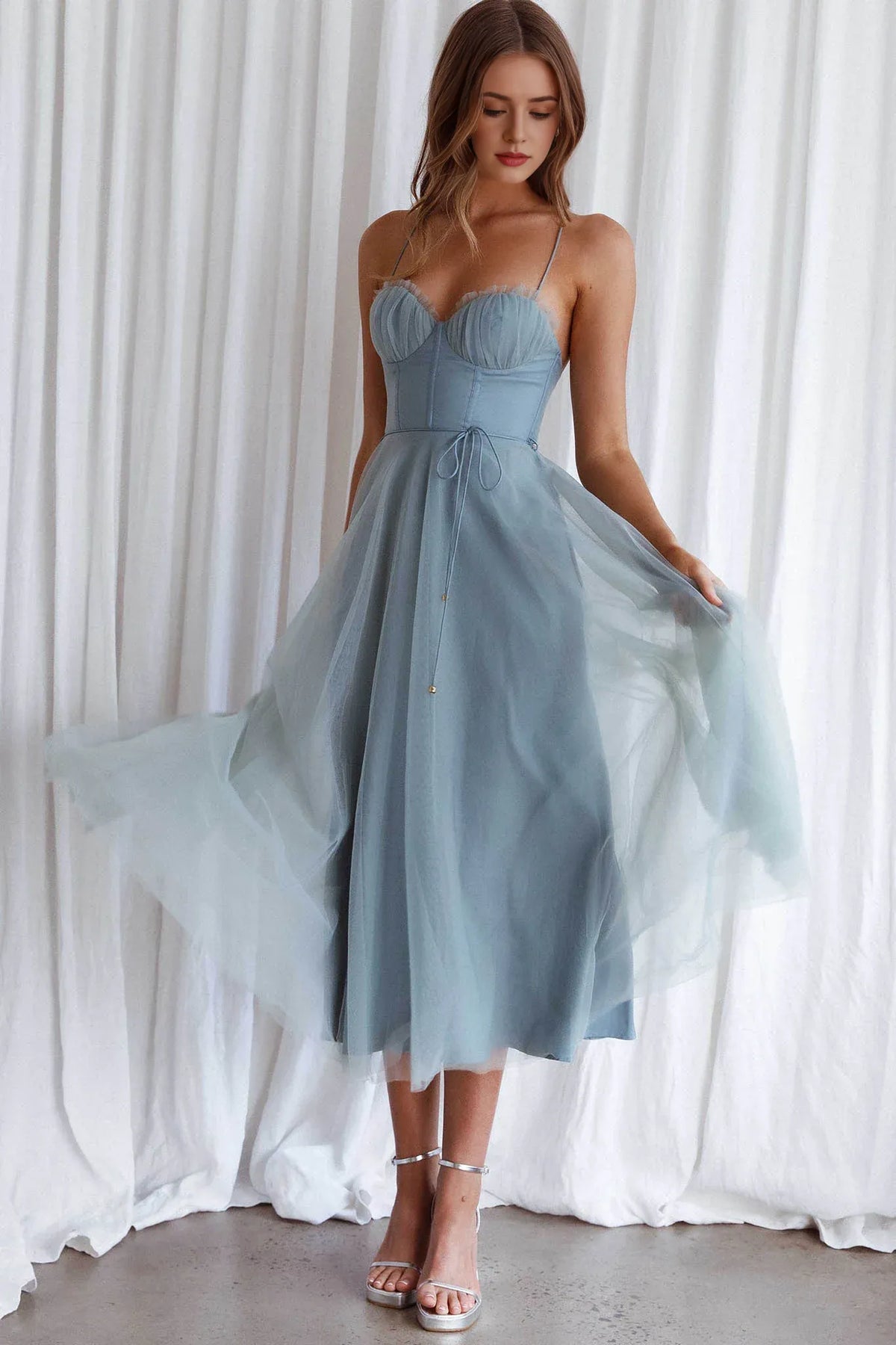 Dress Sweetheart Neckline Chiffon Midi Dress Sage A-line Spaghetti Straps Sleeveless Backless Prom Dress