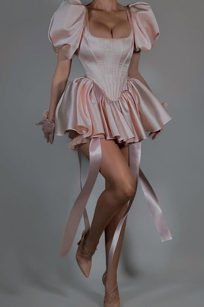 Dress Sweetheart Pink Satin Square Neck Puff Sleeves Slim Short Prom Dress Wth Ruffles Homecoming Dress/Gloves And Lace Pants Not Included