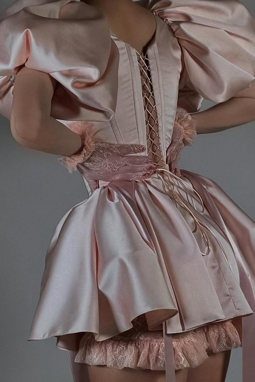 Dress Sweetheart Pink Satin Square Neck Puff Sleeves Slim Short Prom Dress Wth Ruffles Homecoming Dress/Gloves And Lace Pants Not Included