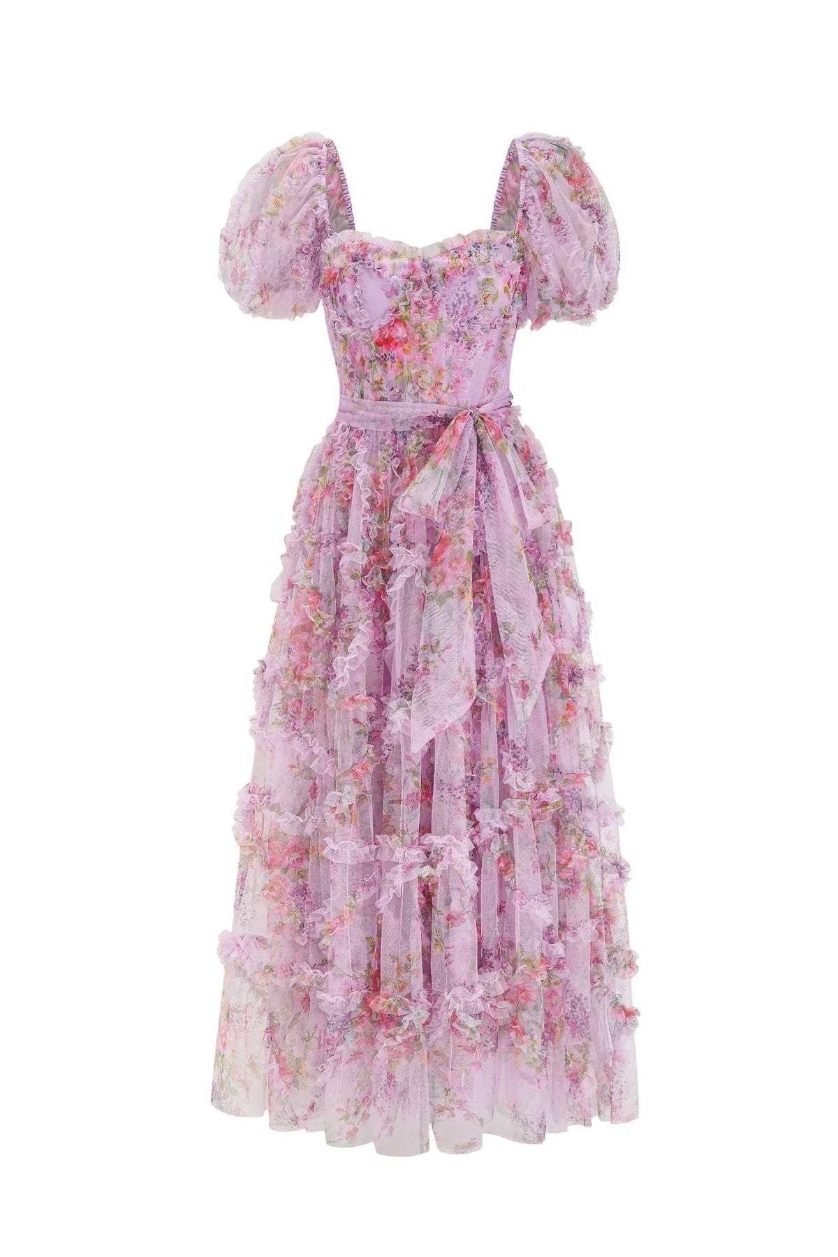 Dress Sweetheart Purple Floral Print Long Dress with Belt Prom Dress
