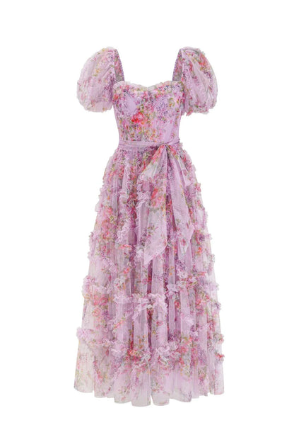 Dress Sweetheart Purple Floral Print Long Dress with Belt Prom Dress
