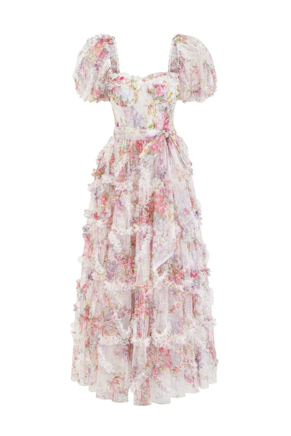 Dress Sweetheart Purple Floral Print Long Dress with Belt Prom Dress