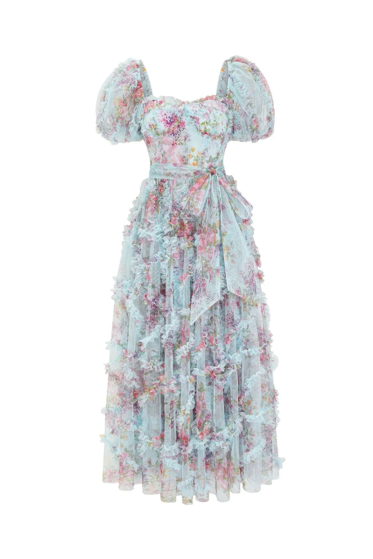 Dress Sweetheart Purple Floral Print Long Dress with Belt Prom Dress