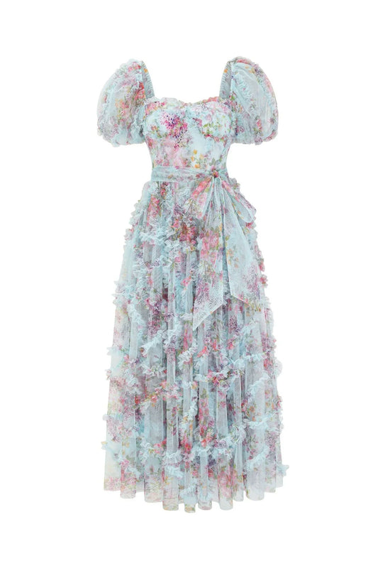 Dress Sweetheart Purple Floral Print Long Dress with Belt Prom Dress