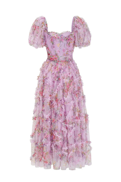 Dress Sweetheart Purple Floral Print Long Dress with Belt Prom Dress