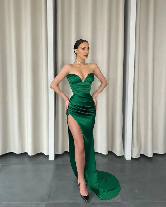 Dress Sweetheart Sheath Party Dress Sleeveless High Slit Pleated Satin Evening Gowns with Train Prom Dress