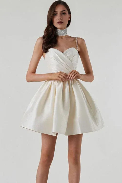 Dress Sweetheart Spaghetti Strap Pleated Satin A-Line Mini Homecoming Dress Sleeveless Party Dress