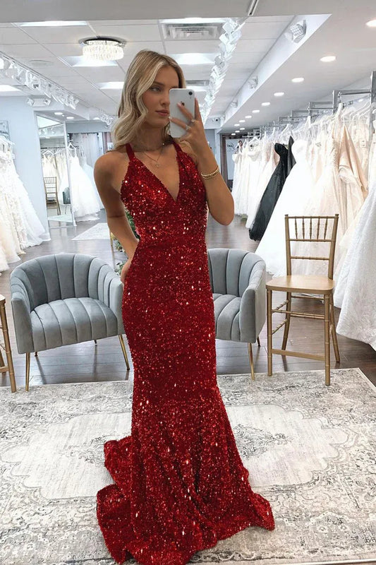 Dress Sweetheart Sparkly Mermaid V Neck Dark Red Sequins Long Prom Dresses