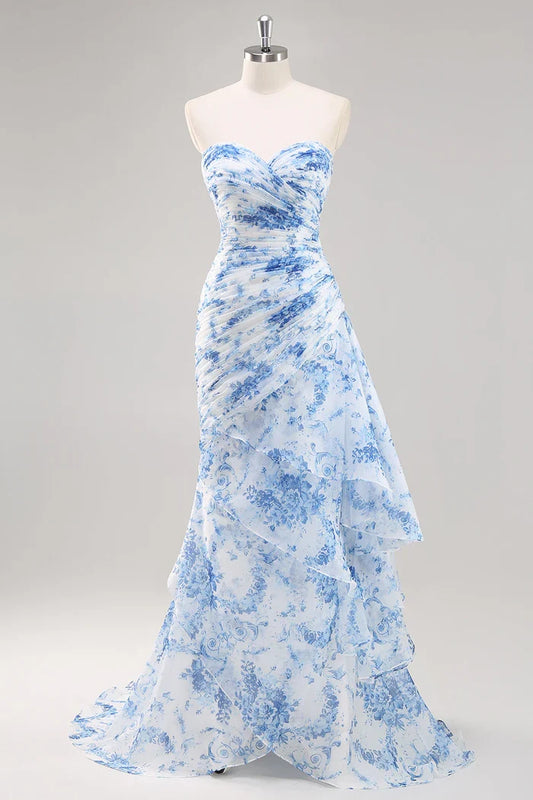 Dress Sweetheart Strapless Mermaid White Blue Floral Sleeveless Prom Dress With Zipper Up