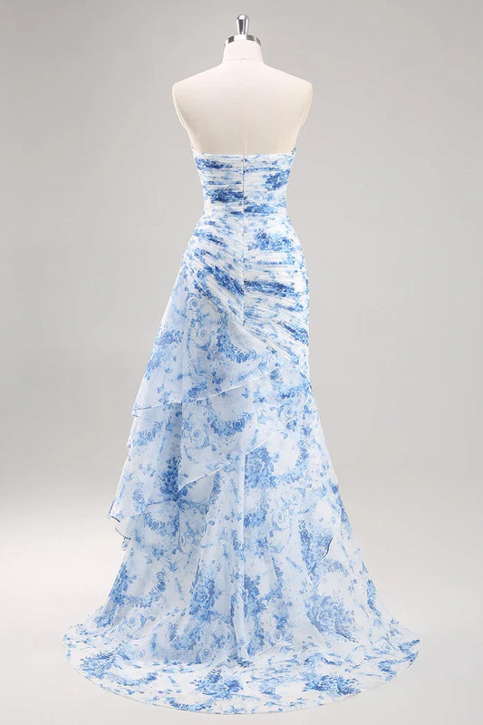 Dress Sweetheart Strapless Mermaid White Blue Floral Sleeveless Prom Dress With Zipper Up