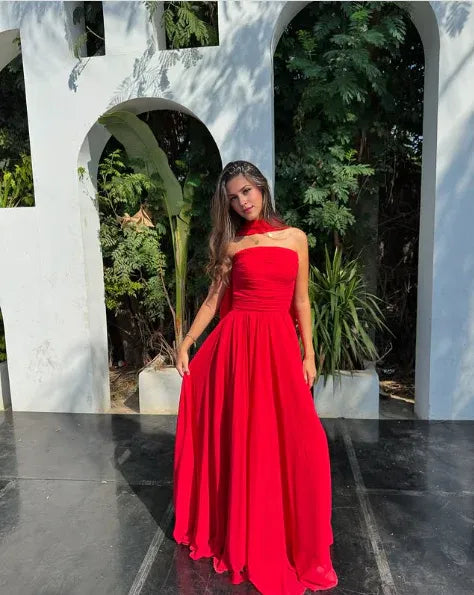 Dress Sweetheart Strapless Pretty A Line Strapless Red Chiffon Long Prom Dresses Formal Evening Dress