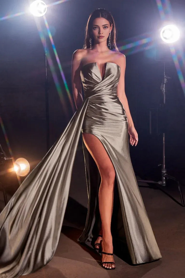 Dress The Allure Of Navy Blue: Strapless Satin Dress With High Slit And Train Prom Dress