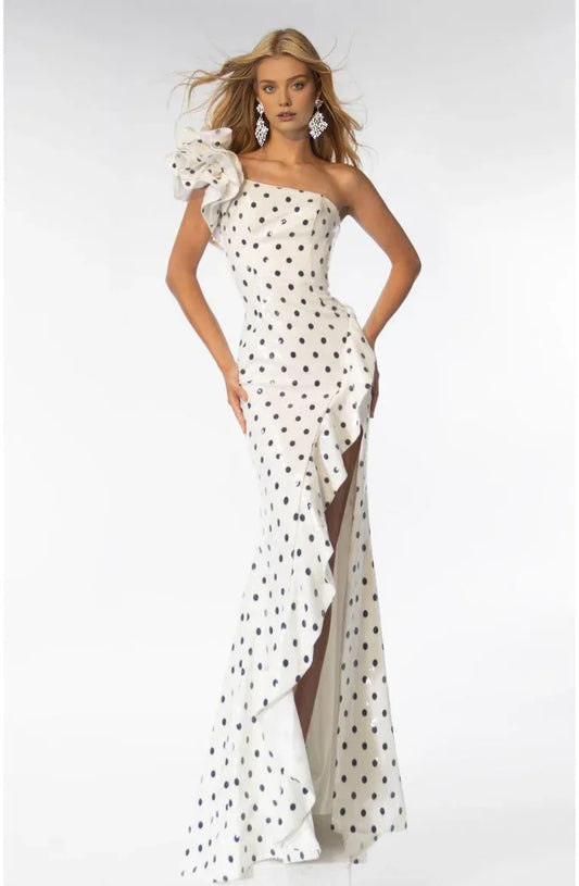 Dress The Retro Charm of Polka Dots One Shoulder Gown With Ruffle And Slit Prom Dress