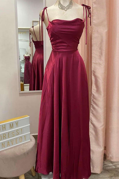Dress Tie Shoulder Burgundy A-line Satin Long Dress Prom Dress