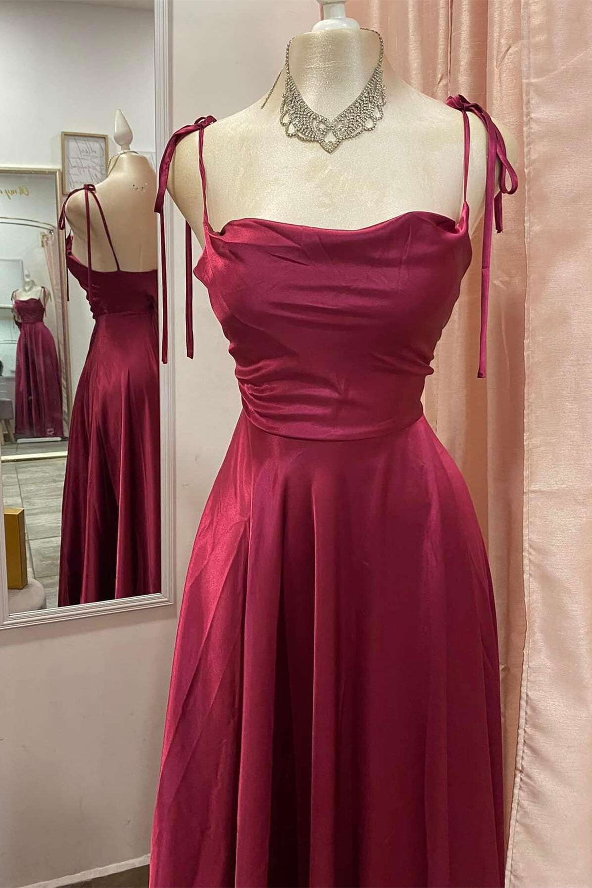 Dress Tie Shoulder Burgundy A-line Satin Long Dress Prom Dress