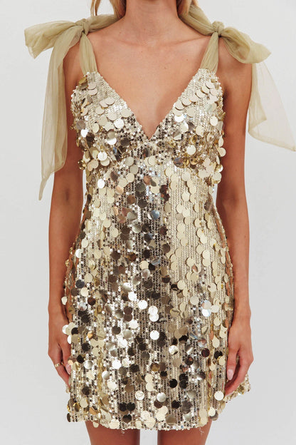 Dress Tied Shoulder Sequin Mini Dress Gold V Neck Sleeveless Homecoming Dress