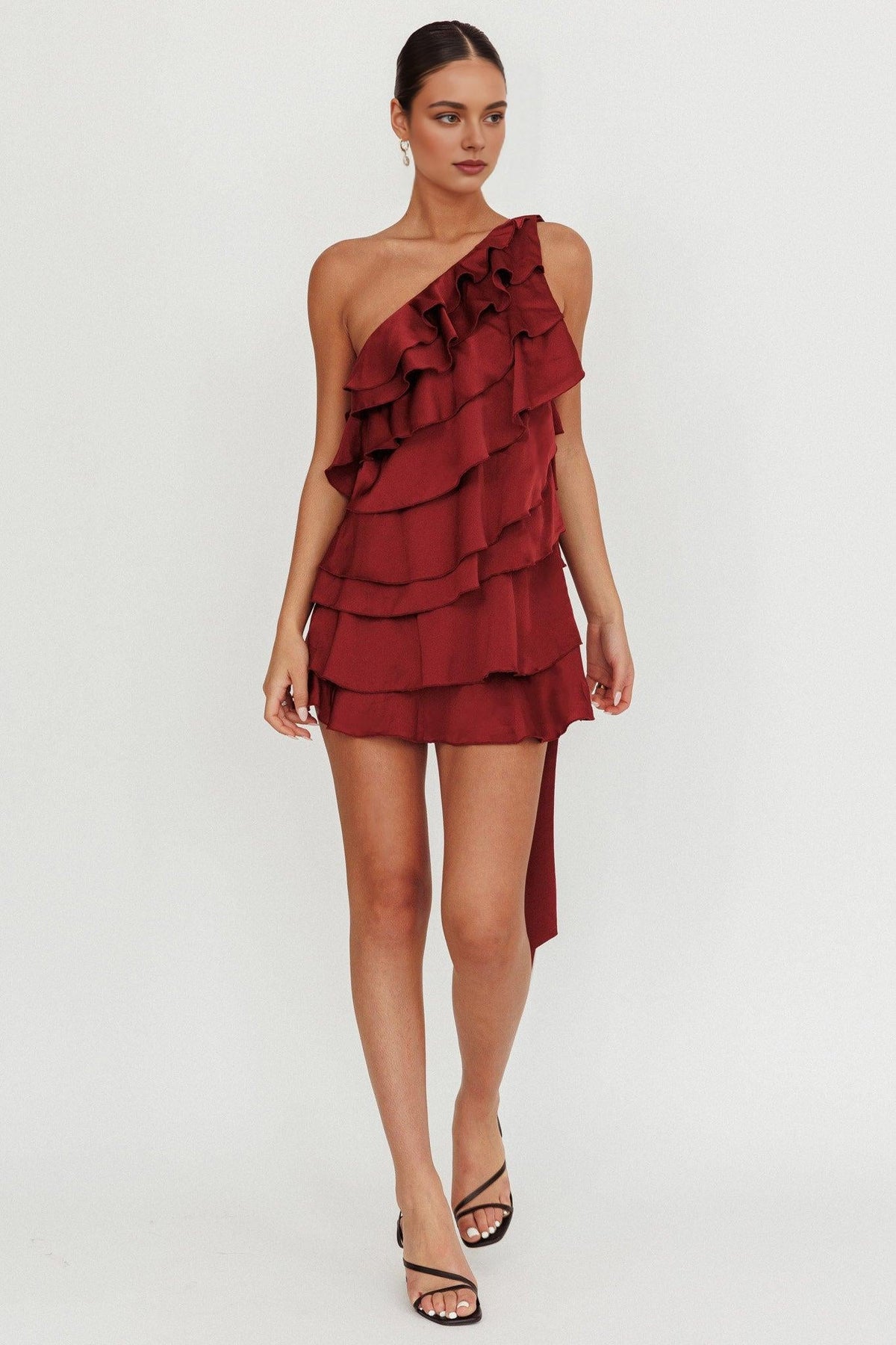 Dress Tiered Ruffle One Shoulder Mini Dress Wine Open back Homecoming Dress
