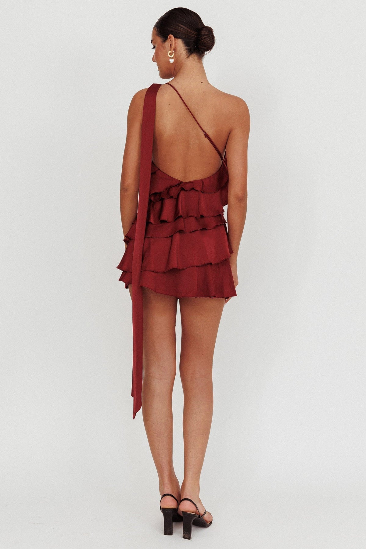 Dress Tiered Ruffle One Shoulder Mini Dress Wine Open back Homecoming Dress
