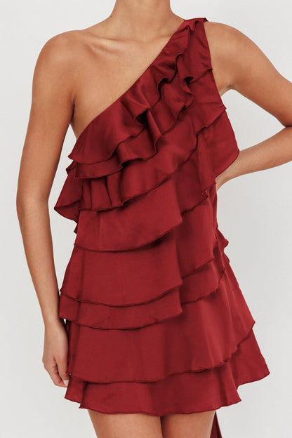 Dress Tiered Ruffle One Shoulder Mini Dress Wine Open back Homecoming Dress