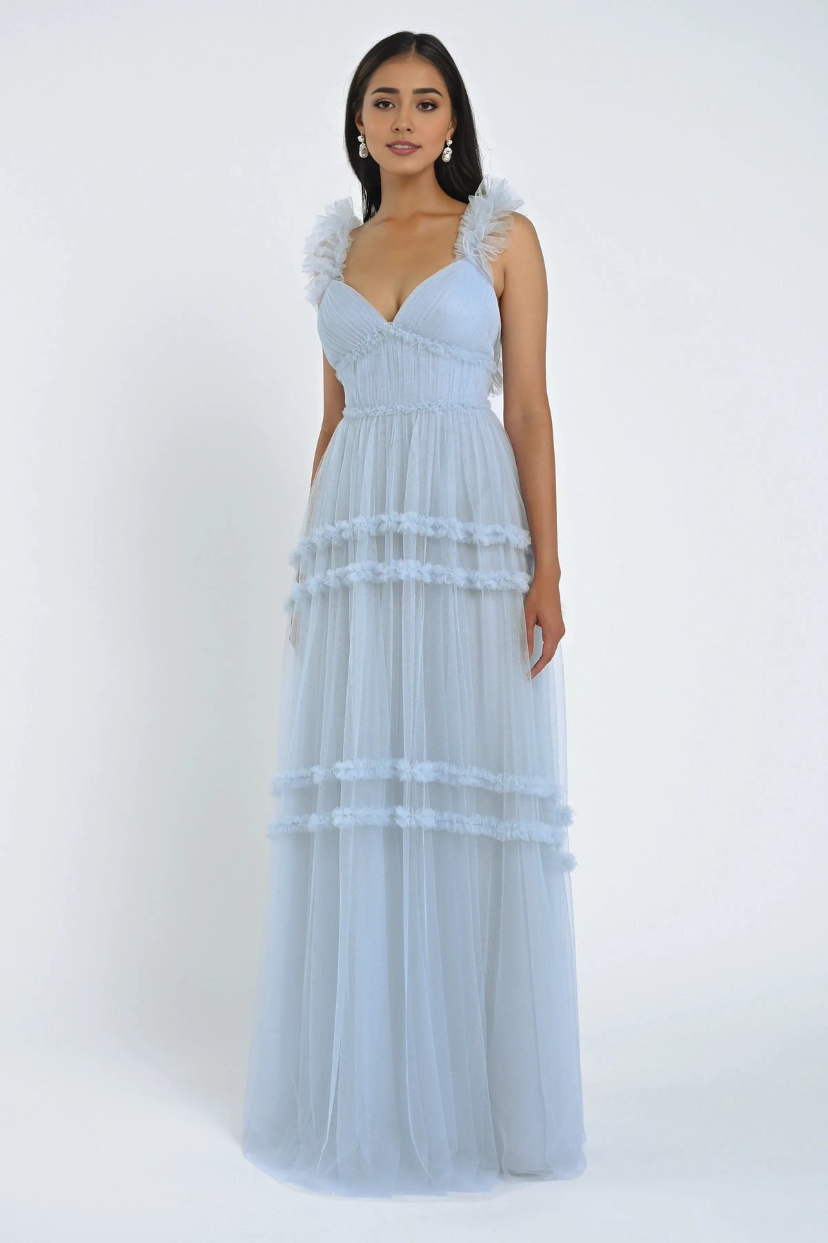 Dress Tulle Elegant Sweetheart Sleeveless Evening Dress Bridesmaid Dress Ruffled Straps A-Line Floor-Length Back Zip Prom Dress