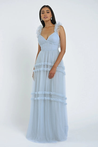 Dress Tulle Elegant Sweetheart Sleeveless Evening Dress Bridesmaid Dress Ruffled Straps A-Line Floor-Length Back Zip Prom Dress