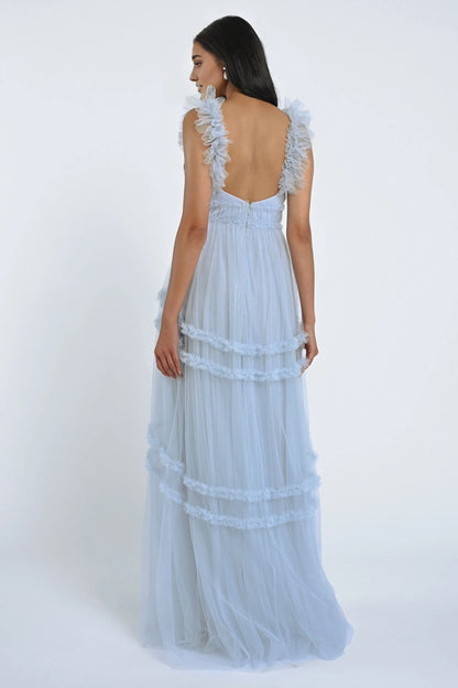 Dress Tulle Elegant Sweetheart Sleeveless Evening Dress Bridesmaid Dress Ruffled Straps A-Line Floor-Length Back Zip Prom Dress