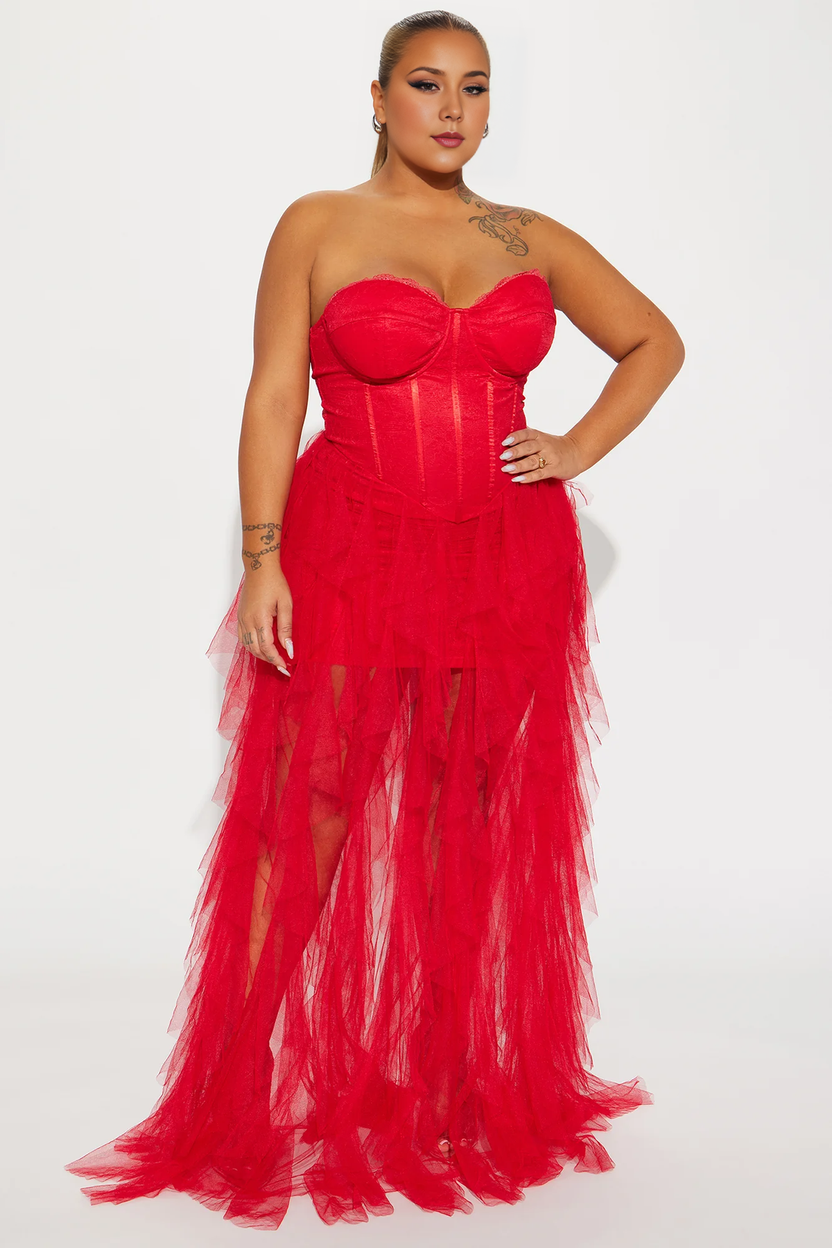 Dress Tulle Gown Off-the-Shoulder Long White Tiered Red Party Dress Strapless Mermaid Prom Dress