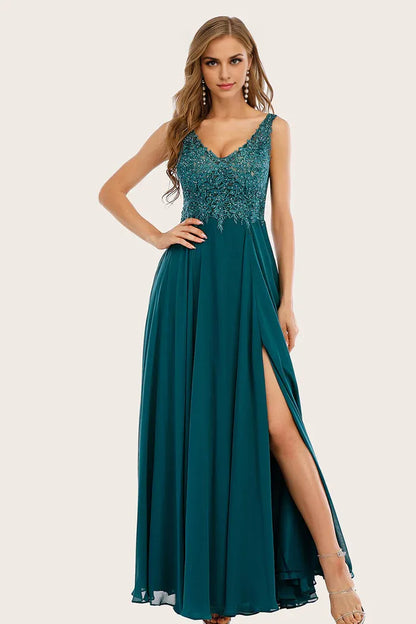 Dress Ink Blue Chiffon Long Evening Dress With Beading Lace Applique Prom Dress