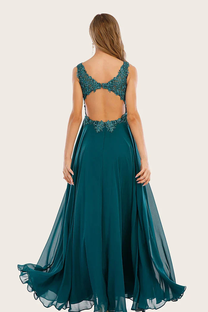 Dress Ink Blue Chiffon Long Evening Dress With Beading Lace Applique Prom Dress